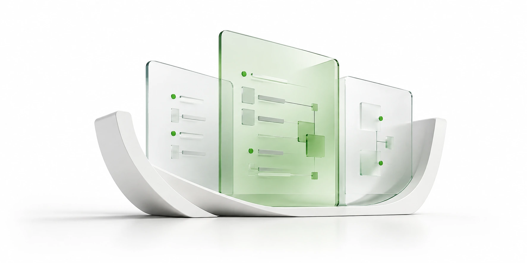 Transparent glass software layers held in a sculptural white frame, with subtle SICT green accents.